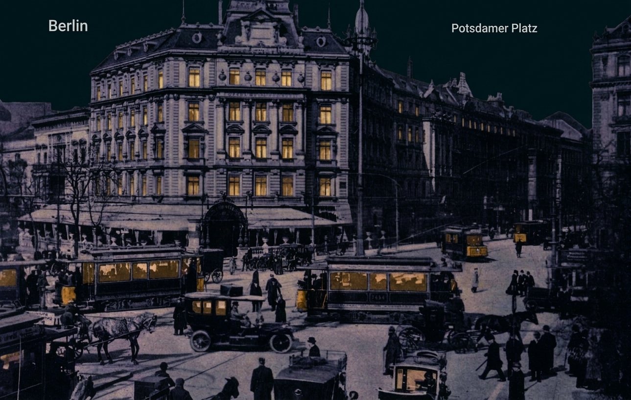 Historische Schwarzweißaufnahme vom Potsdamer Platz in Berlin mit Straßenbahn, Autos und Passanten